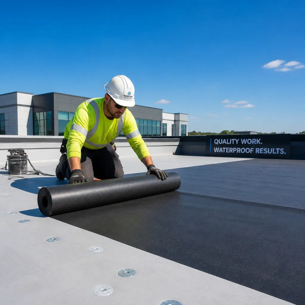 Flat roof materials and access areas being checked by a professional